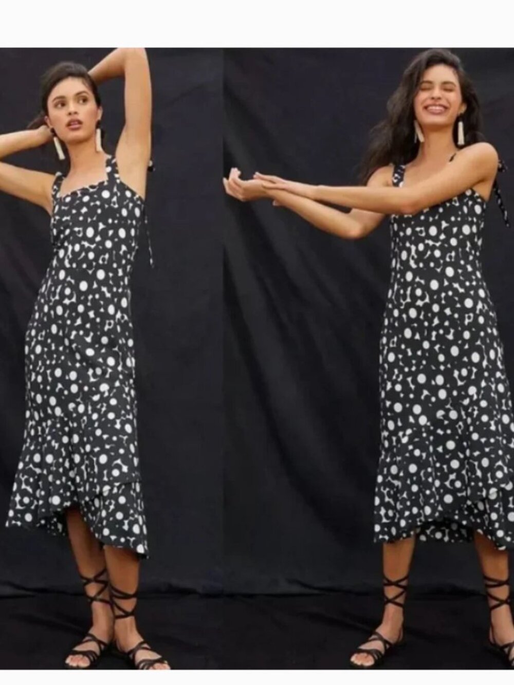 Anthropologie Hutch Flounced Shoulder Tie Maxi Dress in Black and White Sz XS